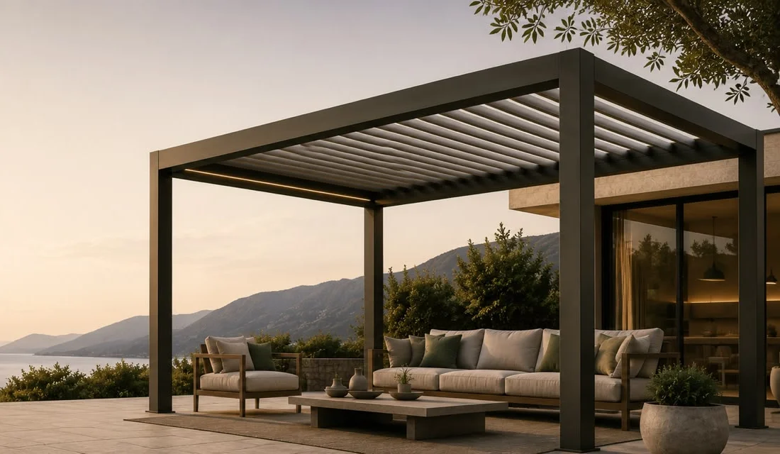 Bioclimatic pergola with lounge furniture on a terrace overlooking a lake in evening light