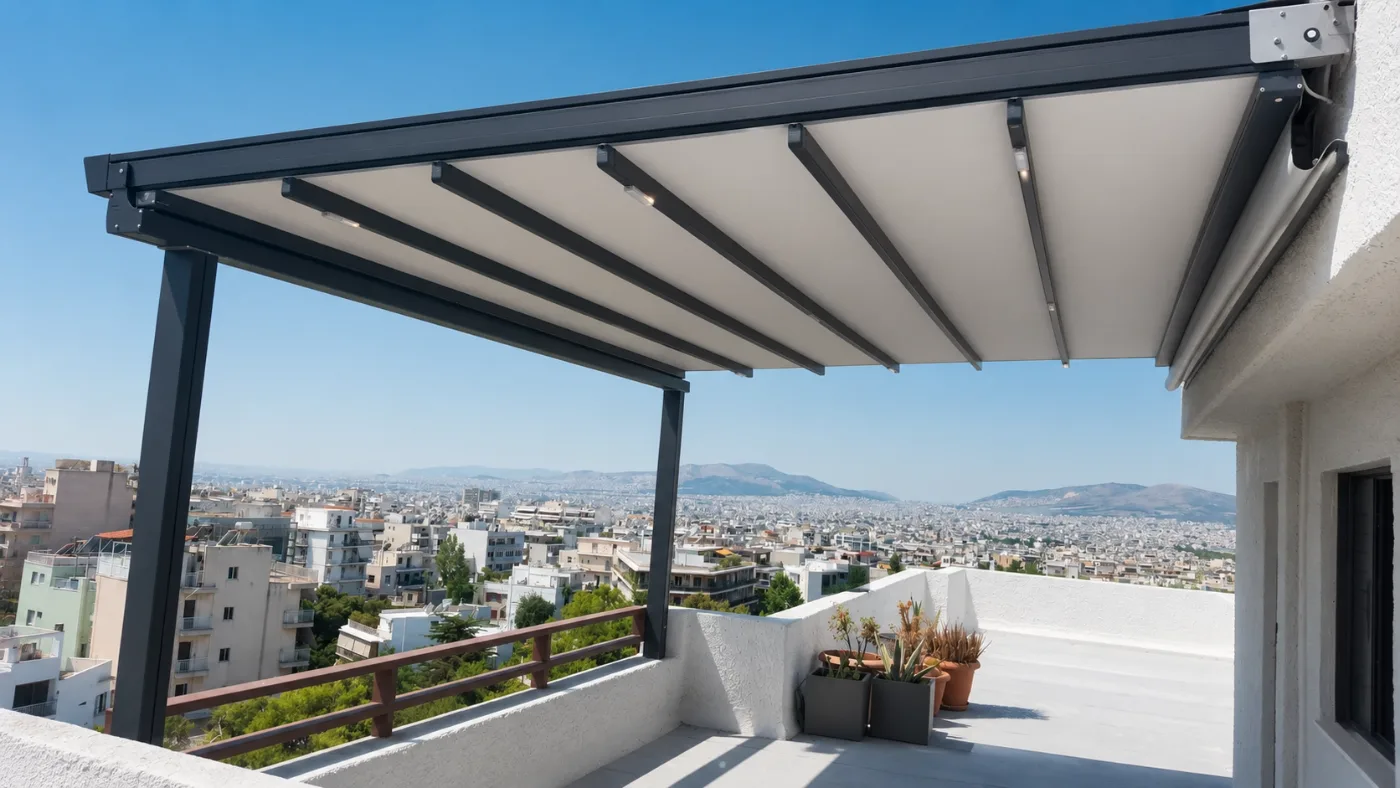 Pergola awning on a roof terrace with a view over the city and the hills