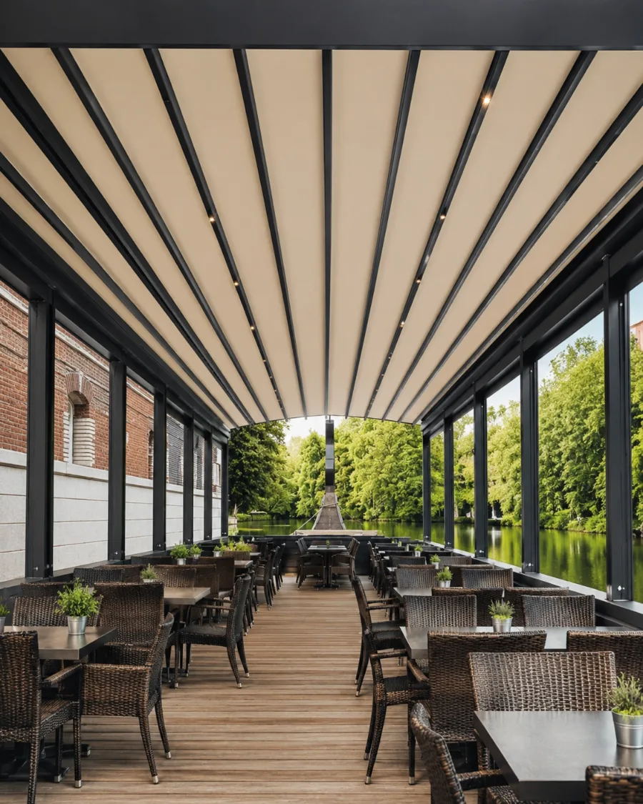 Long waterside hospitality terrace under a pergola awning with wicker chairs