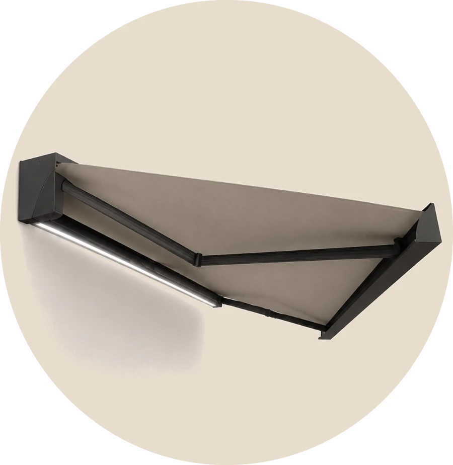 Product view of a closed cassette awning with an aluminium housing