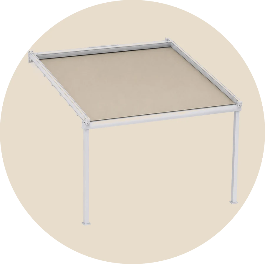Product view of a pergola awning with folded fabric on slim aluminium profiles